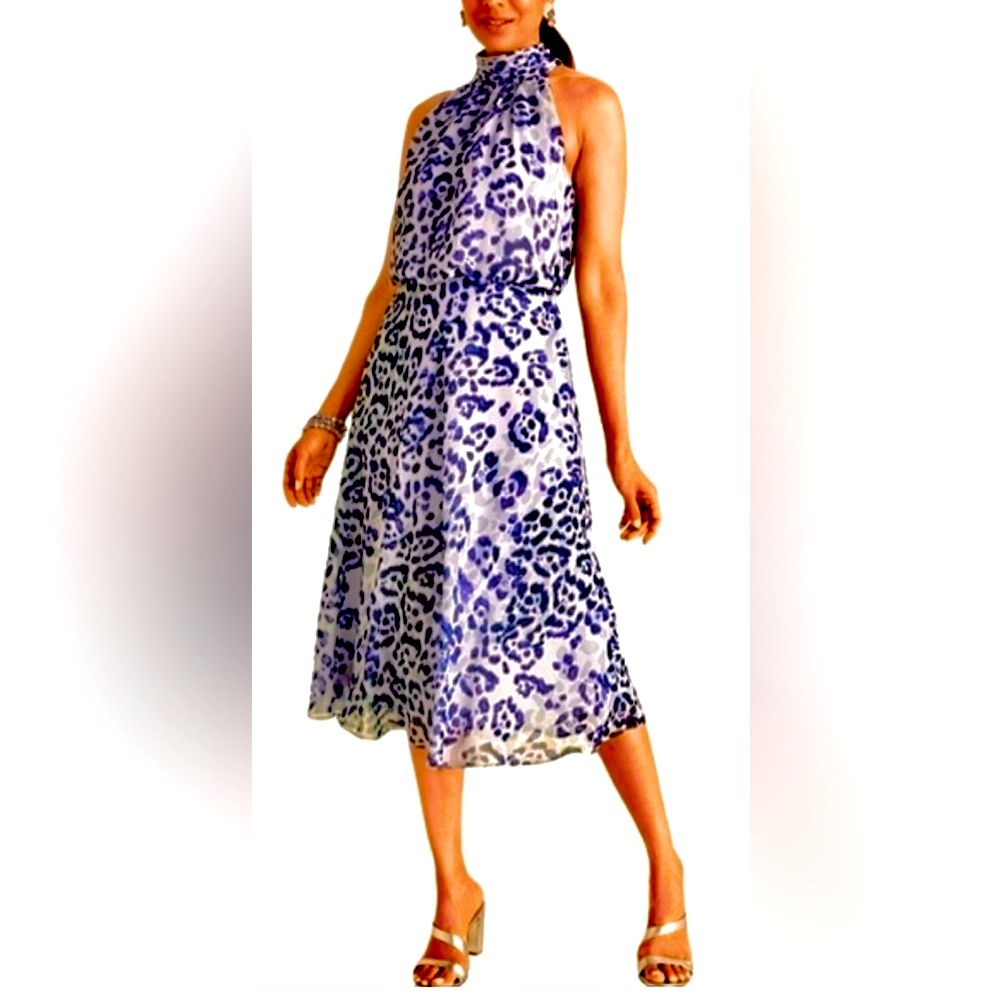 Adrianna Papell Watercolor Lavender Leopard Print Halter Neck Midi Dress